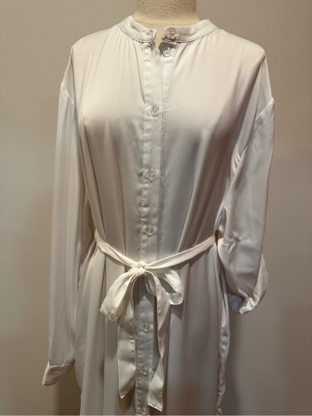 summersalt Ivory Long Satin Shirt Dress with Tie